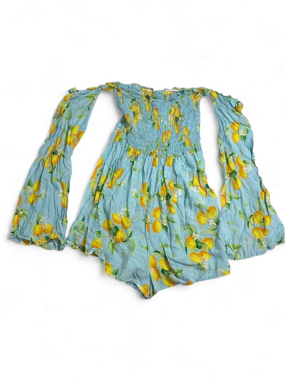 ASOS Swim Lemon Print Smocked Playsuit Romper US 4 Blue Yellow